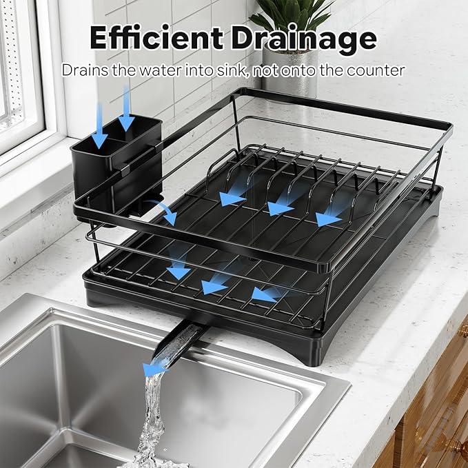 Simple Trending Dish Drying Rack, Stainless Steel Dish Rack for Kitchen Counter, Space-Saving Dish Drainer with Utensil Holder and Drainboard, 12''W x 17''L, Black