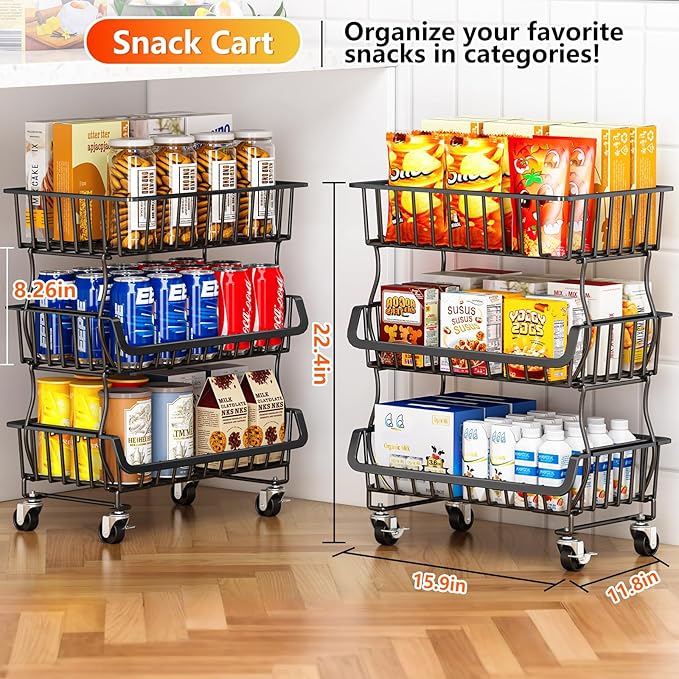 Gsiekare 3-Tier Rolling Pantry Organizer and Storage Cart with Wheels – Stackable Wire Snack Cart for Kitchen, Pantry Shelves and Storage Rack for Fruit, Vegetables, Onion, Potato (1 Pack)