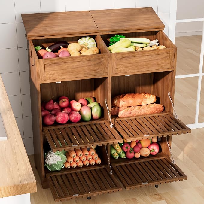 Potato and Onion Storage Bins Box, Mid Century Modern Tall Large Fruit and Vegetable Basket Storage, Walnut 4 Doors Kitchen Pantry Cabinet for Snack, Wooden Bread Storage, 3 Tier, Magnetic Flip-top
