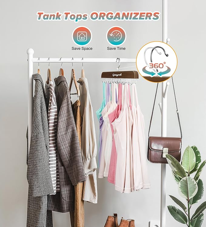 Gomyrod Bra Hanger for Closet, 2 Pack Tank Top Hangers w/20 Hooks Holds 40 Bras, Capacity Foldable Wood Space Saving Hanger, 360°Rotating Closet Organizers and Storage for Dorm & Apartment（Brown）
