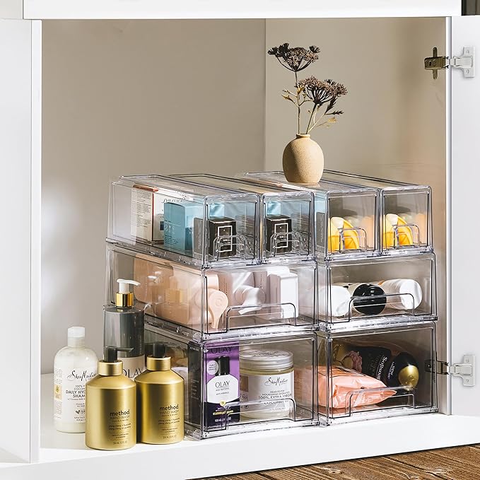 Sorbus Small Wide Clear Stackable Storage Drawers – 6-Pack Plastic Organizer Bins with Handles – Stackable Pull-Out Storage Drawers for Closet, Pantry, Office, Bathroom, Craft, and Toy Organization