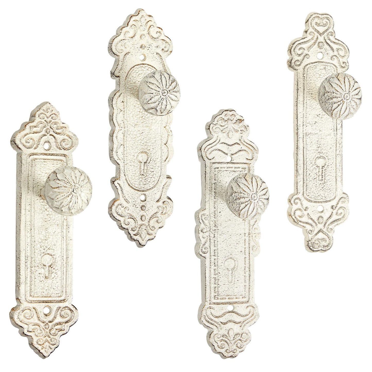 GlikCeil 4 Pcs Shabby Chic Hooks Decorative Wall Mounted with Screws and Anchors, Rustic White Cast Iron Hooks Door Knob Shabby Chic Country Decor for Coat Hats Bags Scarves Hallway Kitchen (Rustic)