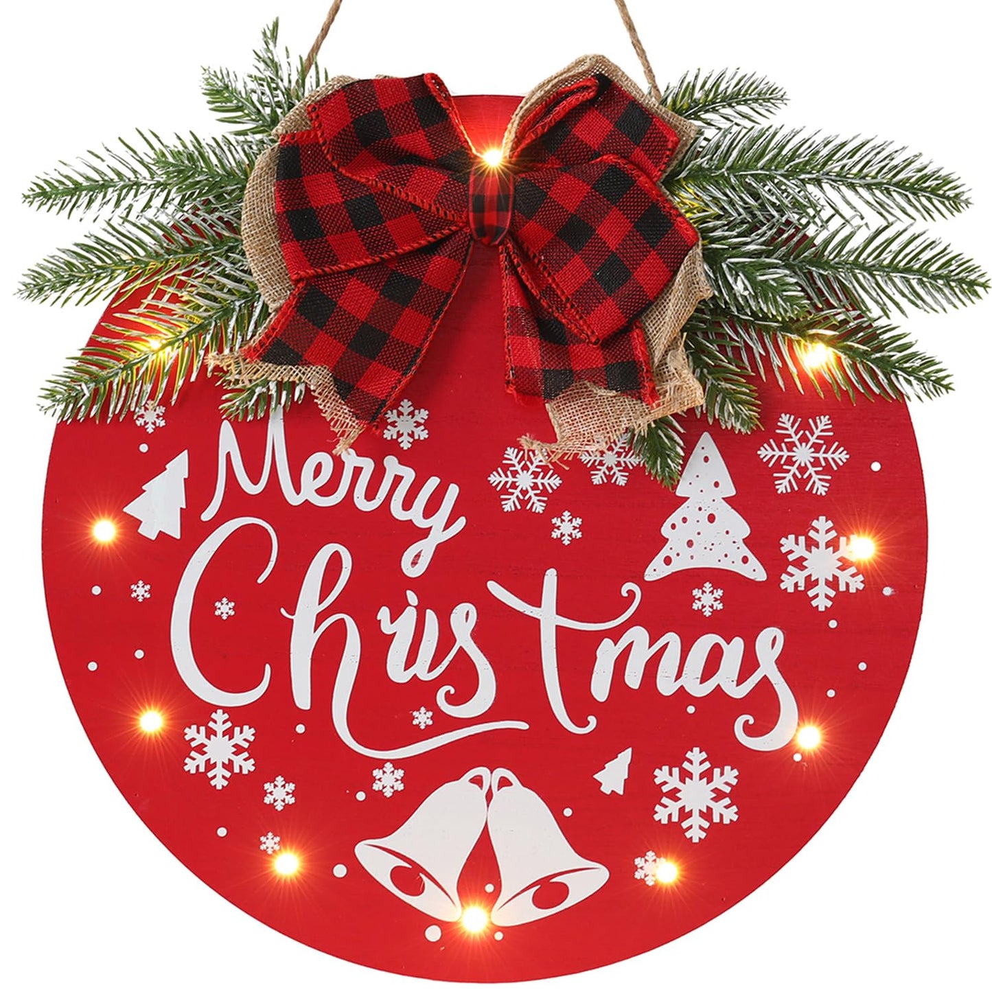 HOMCDALY Merry Christmas Welcome Sign for Front Door, Red X-mas Sign with Light, Holiday Door Decoration Wooden Hanging Sign, Christmas Decoration, Wall Art, Wall Decor(Red)