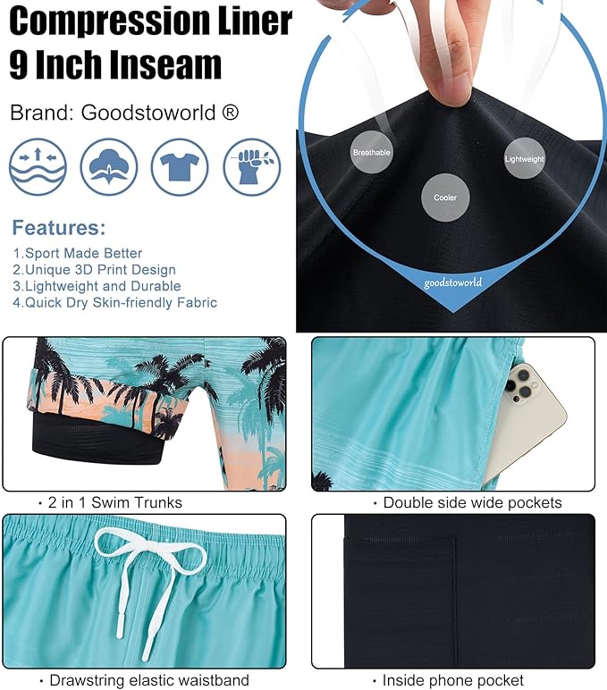Goodstoworld Mens Swim Trunks with Compression Liner 9'' Inseam Quick Dry Swimsuit Shorts M-3XL