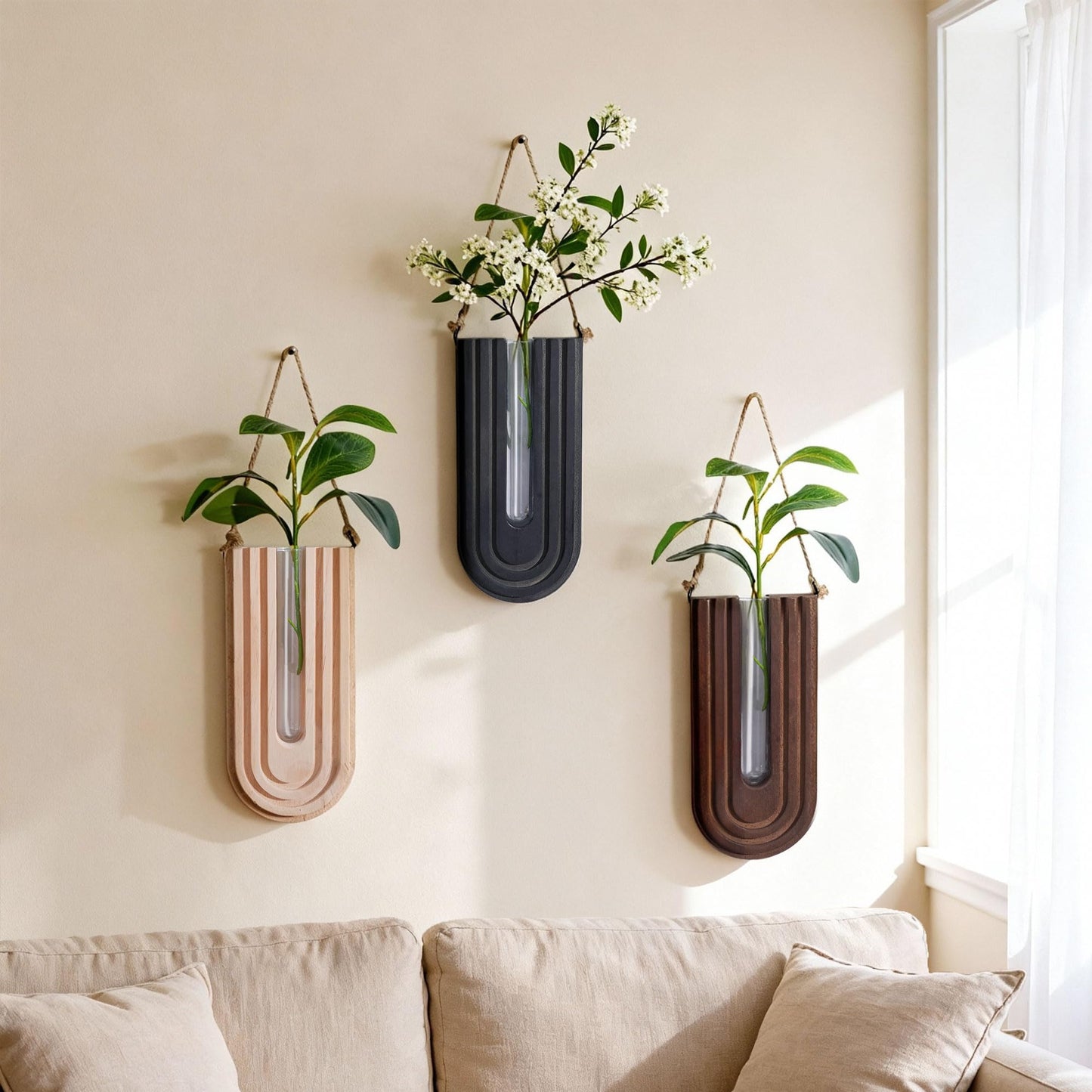 Wooden Wall Vase Set of 3, Propagation Vases Hanging Planters for Indoor Plants, Wall Mounted Vase Boho Modern Farmhouse Decor for Entryway Hallway