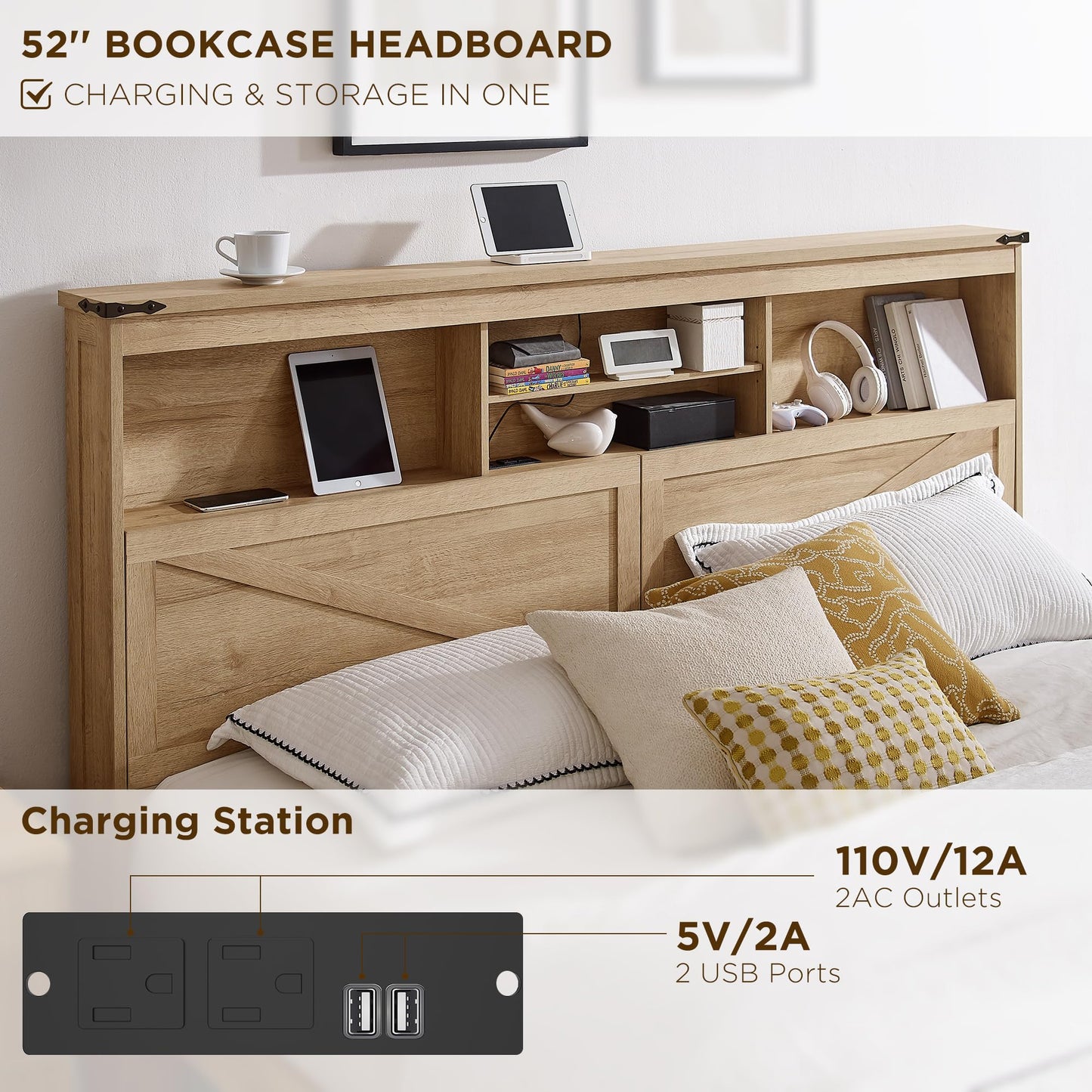 ACCOHOHO Farmhouse Queen Size Bed Frame with 52" Storage Bookcase Headboard and 4 Drawers,Wood Bed Frame with LED Light and Charging Station,Natural Oak