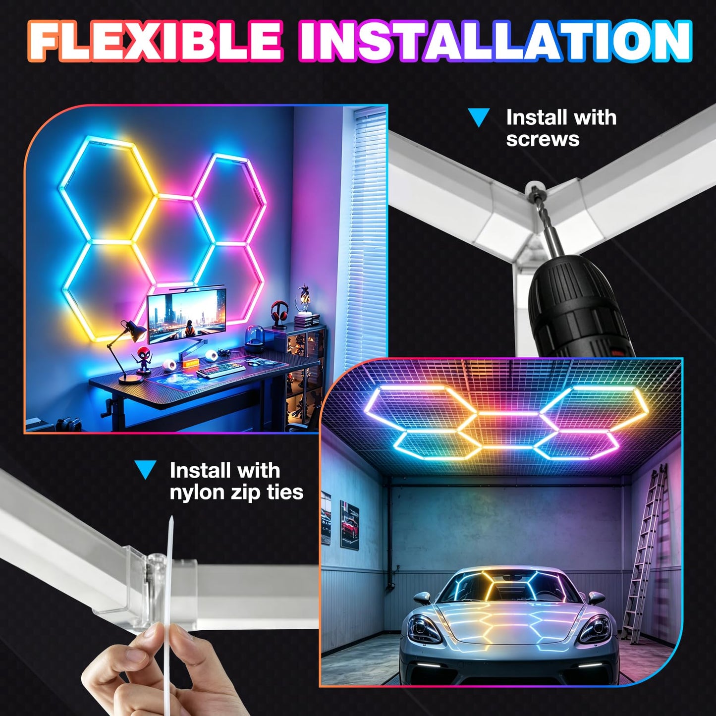 GOSLARLIT Hexagon Garage Lights: 5 Hex RGB Hexagon LED Lights with Music Sync Mode, App & Remote Control, Multi-Color Honeycomb Ceiling Light for Gaming Room, Gym, Garage