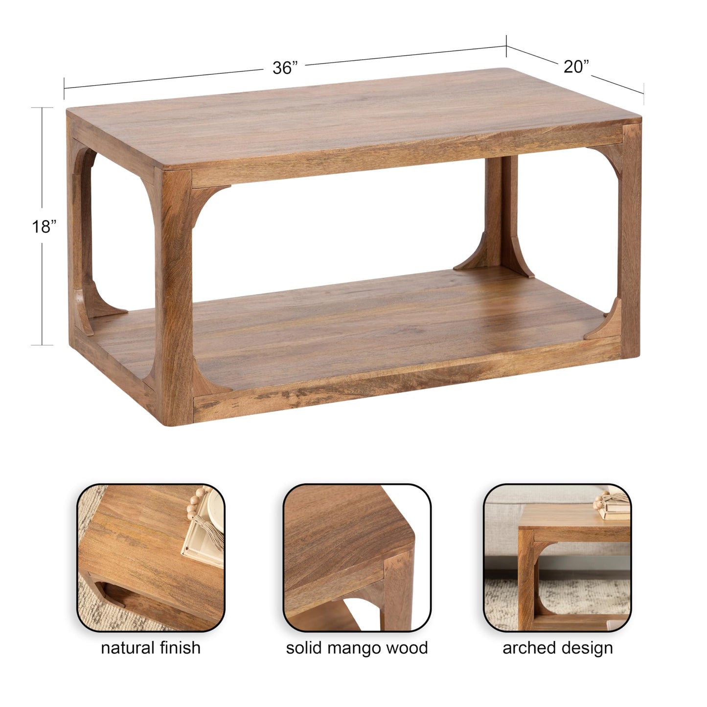Kate and Laurel Dahl Transitional Rectangular Coffee Table; 36 x 20 x 18; Natural Wood; Modern Rectangle Living Room Table with Solid Mango Wood Construction and Bonus Underlying Storage