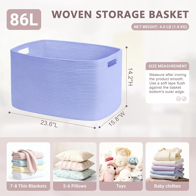 86L Large Baby Girls Laundry Basket for Nursery Storage,Cute Woven cotton Rope Baskets for Kids Toy，Gifts, Boho Square Wicker Blanket hamper for Living Room,Bedroom Dirty Clothes,Blue Purple