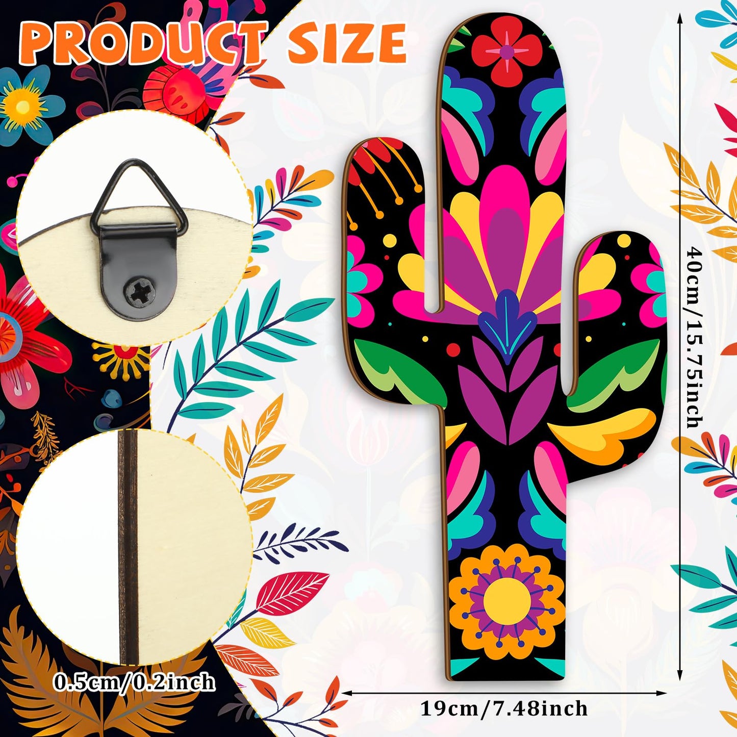 Yousoontic 2 Pcs Wood Cactus Wall Art Mexican Talavera Wall Decor 7.48 x 15.75 Inch Fiesta Party Decorations for Home Outdoor Living Room Bedroom