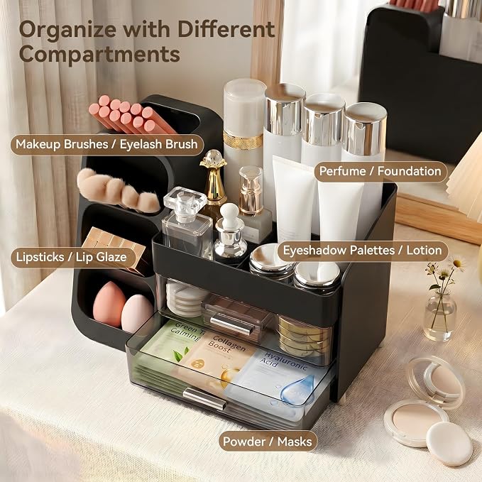 Brothersbox Makeup Organizer with Brush Holder for Vanity, Large Countertop Skincare Storage with 2 Drawers, Holds Lipsticks, Nail Polishes, Perfumes, Brushes - Gift for Women, Black