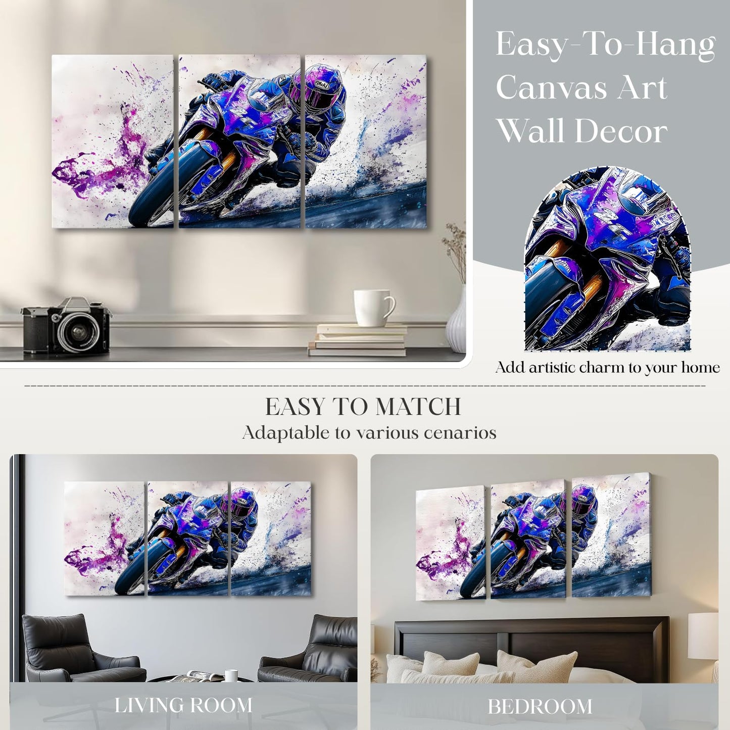 Wivsev Motorcycle Canvas Wall Art,3 Piece Motorcycle Graffiti Wall Art,Modern Cool Racing Poster for Living Room,Bedroom (12" x 18" x 3 pcs)