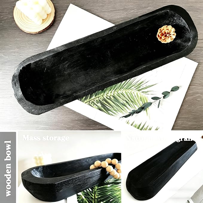 Wooden Dough Bowl Decor, Vintage Wooden Bowl Hand Carved Home Decor for Dining Table Center, Living Room, Kitchen Decor. (20inch black)