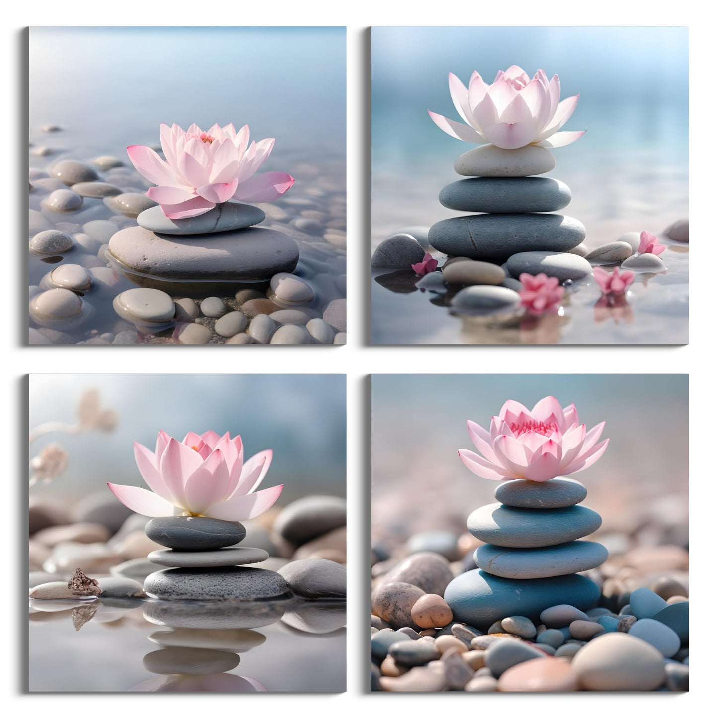 NAN Wind 4PCS Mordern Zen High-Definition Canvas Print Pink Lotus Stacked Zen Stones Spa Wall Art Easy-to-Hang Wall Art for Serene Home Deco Meditation Rooms Yoga Studios and Zen Enthusiasts