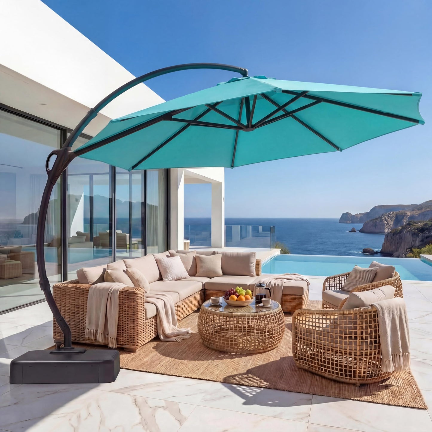 EO Living Outdoor Patio Umbrella with Base included, 11 FT Deluxe Curvy Cantilever Umbrella Heavy Duty Offset Hanging Umbrella with 360° Rotation for Pool, Garden, Backyard, Deck (Turquoise Blue)