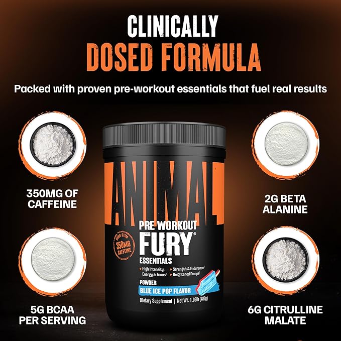 Animal Fury Pre Workout Powder ??Blue Ice Pop, 350mg Caffeine, BCAA Amino Acids, 2g Beta Alanine, Citrulline & Tyrosine, Energy, Focus, Strength, Endurance, Preworkout for Men & Women, 30 Servings