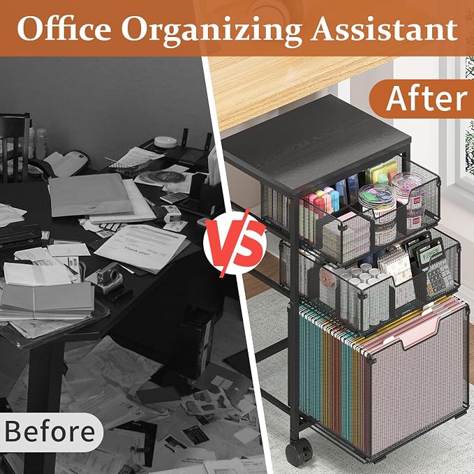 Sbanmao Rolling File Cart with 3 Drawers, File Cabinet with DIY Divider, Hanging Folder Holder Organizer with Wheels, Under Desk Storage Utility Cart, Printer Stand for Home Office, Black