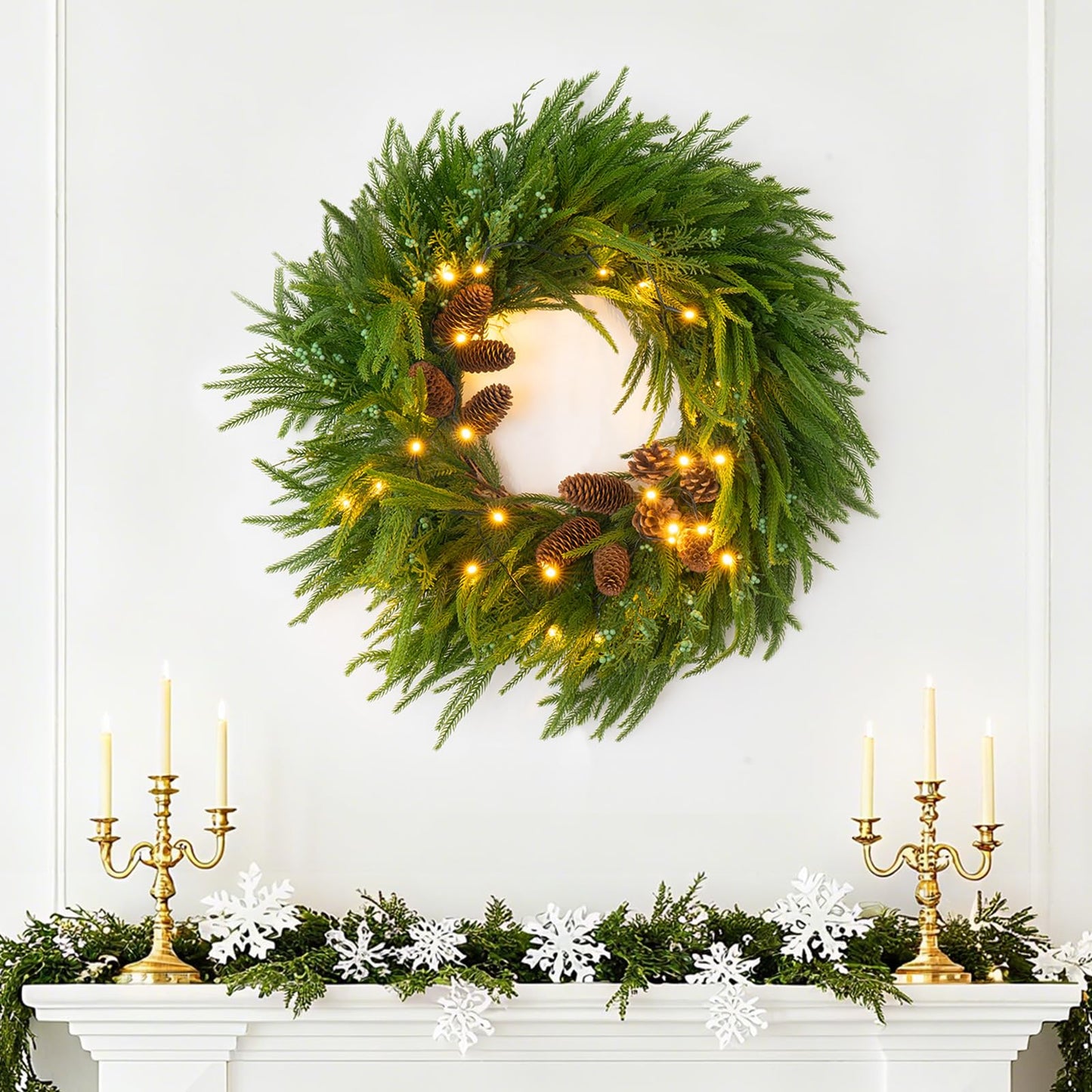 24 Inch Real Touch Norfolk Pine Wreaths for Front Door, Soomeir Artificial Christmas Wreath Green Faux Pine Wreath for Wall Windows Mantle Outdoor Christmas Decoration