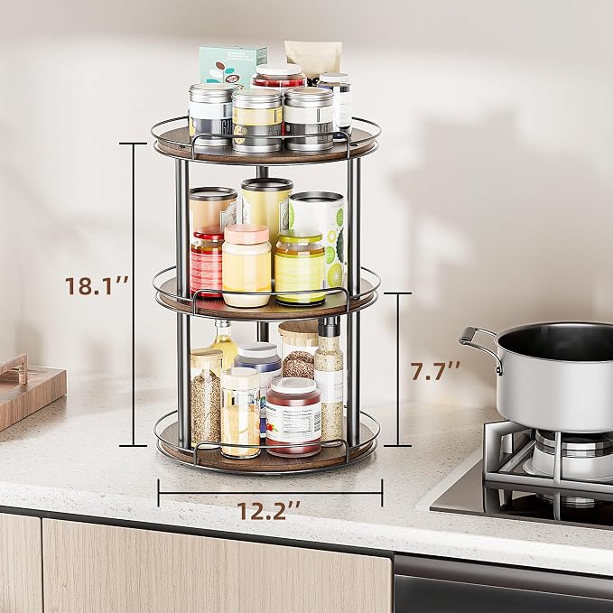 LAMU 12'' Wood Lazy Susan Turntable Organizer for Cabinet, 3 Tier Lazy Susan Spice Rack Organizer for Kitchen, Wood Turntable for Table Top, Countertop, Pantry, Bathroom