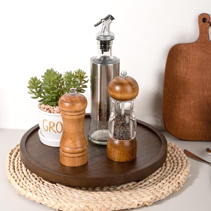 Round Decorative Tray Wood Bathroom Counter Organizer Farmhouse Kitchen Decor Wooden Riser for Soap Dish, Perfume, Candle, Sponge, 11" - Walnut