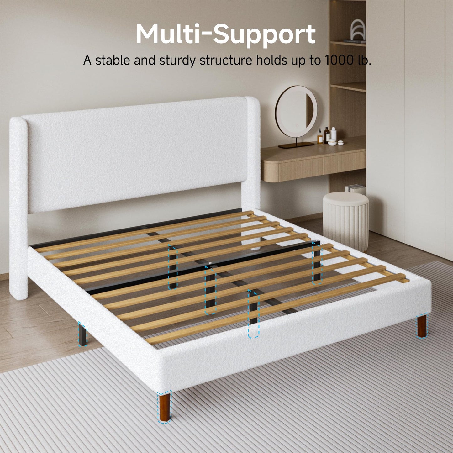 Mxhtcewz Queen Boucle Bed Frame, Platform Bed with Upholstered Wingback Headboard, Strong Wooden Slats Support, Noise-Free, Easy Assembly, No Box Spring Needed, White