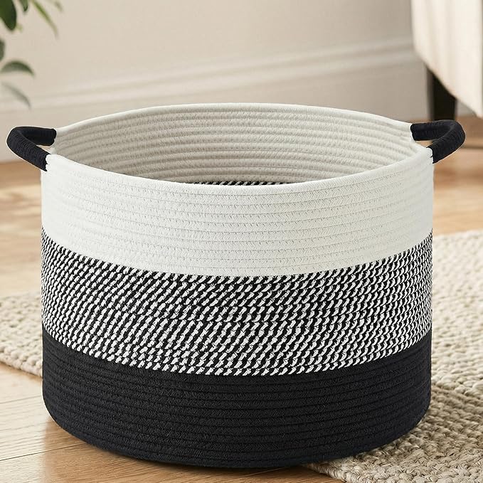 Artfeel 40L Large Cotton Rope Basket, Decorative Woven Blanket Storage for Living Room, Boho Toy Storage & Toy Box for Kids, Versatile Laundry Basket & Nursery Hamper for Blankets(Black)