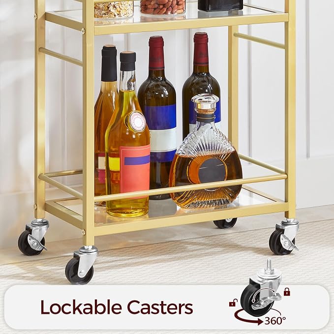 MAHANCRIS Bar Cart for The Home, 3-Tier Drink Cart on Wheels, Home Bar Serving Cart, Mini Bar Cart for Small Space, Kitchen, Dining Room, Gold RCJ40B01