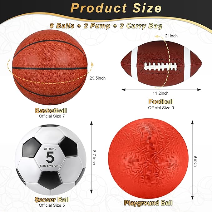 Deekin 8 Pcs Sports Balls Set for Adult Assorted Football Basketball Soccer Playground Balls Official Size with Bags Pumps Outdoor Sports Equipment Athletic Gift