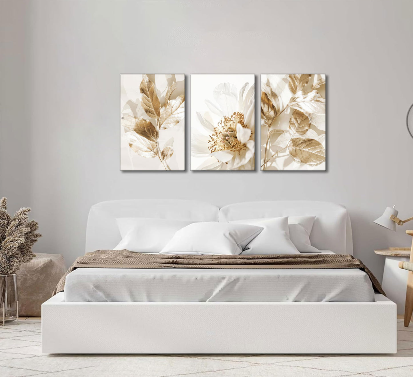 3 Pcs Modern White Floral Golden Leaves Canvas Wall Art Neutral Boho Beige Botanical Painting Pictures Nordic Wall Decor Posters Print Artwork for Bedroom Living room Office Home Decoration