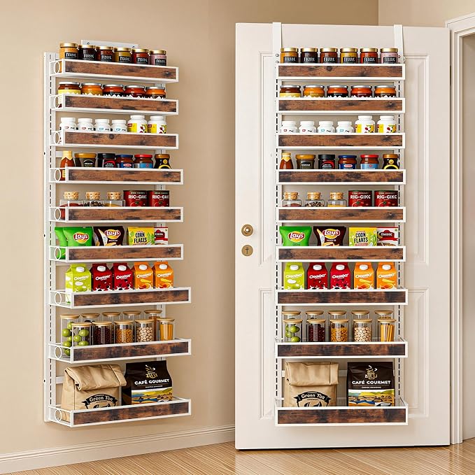 9 Tier Over The Door Pantry Orangizer 2 IN 1 Wall Mounted or Hanging Spice Rack with Adjustable Wood Basket,Heavy Duty Seasoning Storage Shelf for Kitchen Pantry and Bathroom White