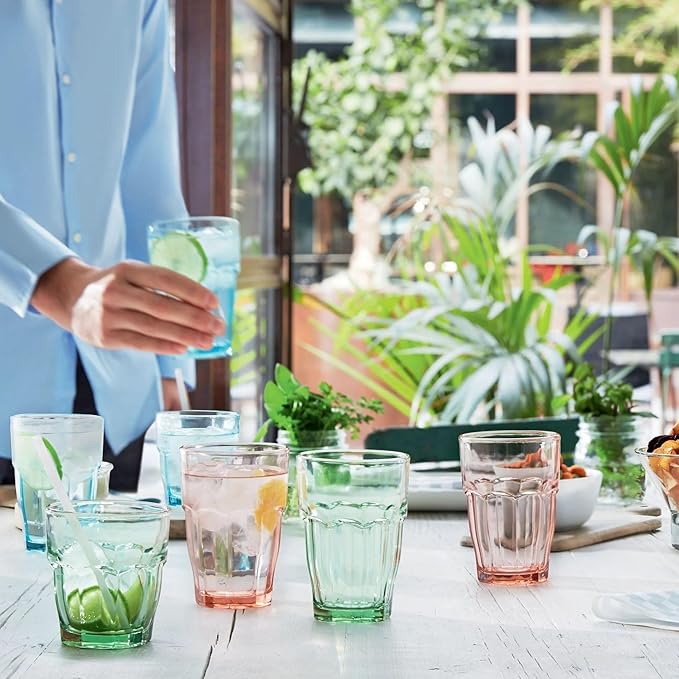 Bormioli Rocco Rock Bar 12.5 oz. Long Drink Stackable Tempered Beverage Glasses for Cold Drinks, Water, and Cocktails, Set of 6, Ice Blue