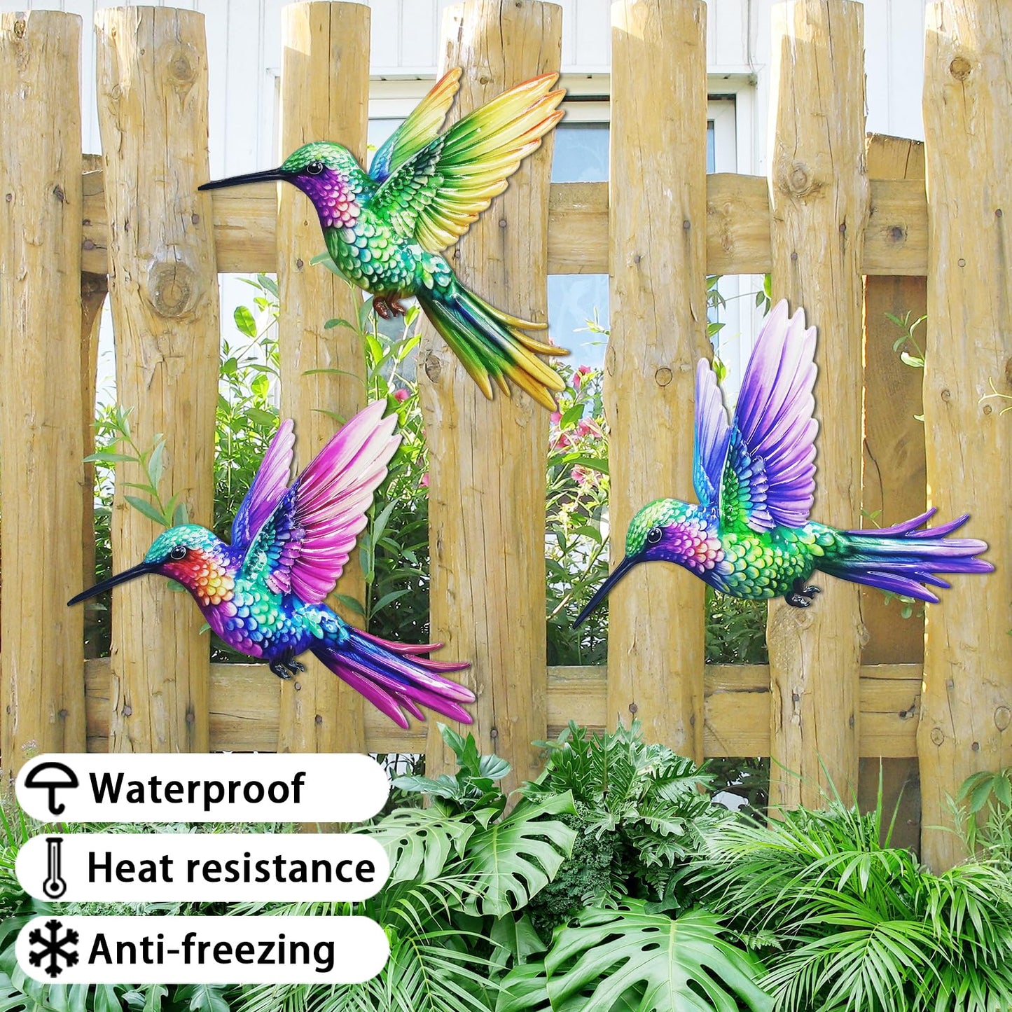 John's Studio 3Pcs Metal Hummingbird Wall Decor Outdoor Garden Hanging Art Sculptures Home Theme Decorations for Kitchen Bathroom and Pool