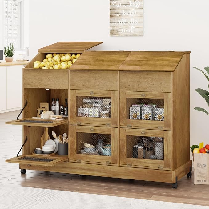 Triple Potato and Onion Storage Bin with Wheels, 3 Tier Wooden Potato Storage Cabinets with Mesh Doors, Farmhouse Movable Fruit and Vegetable Box, Wood Bread Box for Kitchen (Triple Brown)