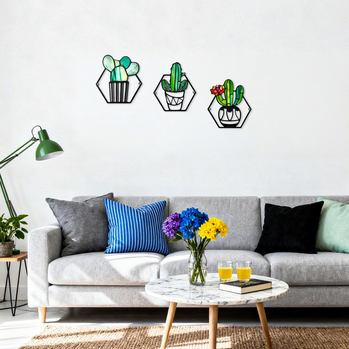 ArtCachet 3-Piece Metal Floral Wall Art - Bathroom Arts & Modern Farmhouse Decor,Home Wall Decors Sculptures for Living Room, Dining Room, Bedroom Wall Decorations & Housewarming Gift(Cactus -1)