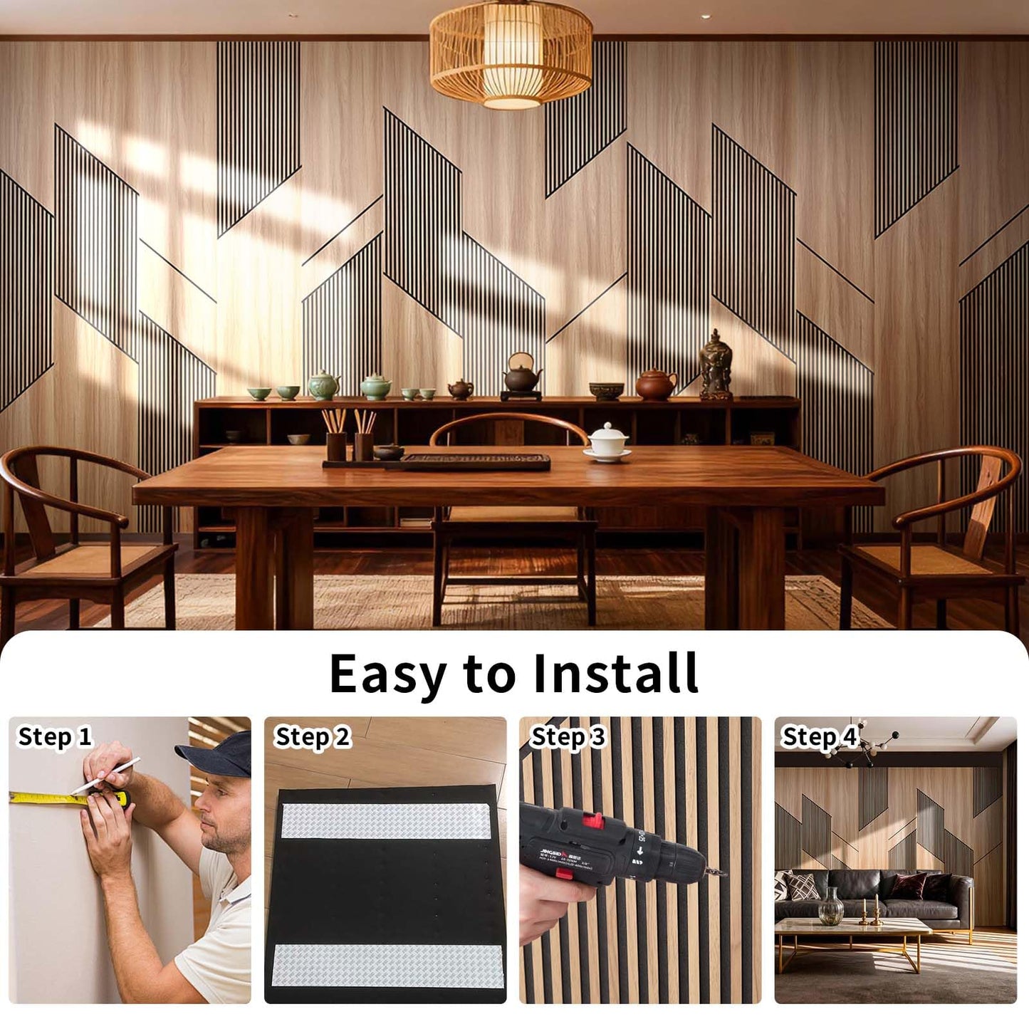 SSHENGYA 8-Pack Teak Wood Grain 3D Wall Panels with Adhesive, Peel and Stick PVC Wall Tiles for Accent Wall, Covers 92.6 Sq Ft for Luxury Living Room & Bedroom Decor