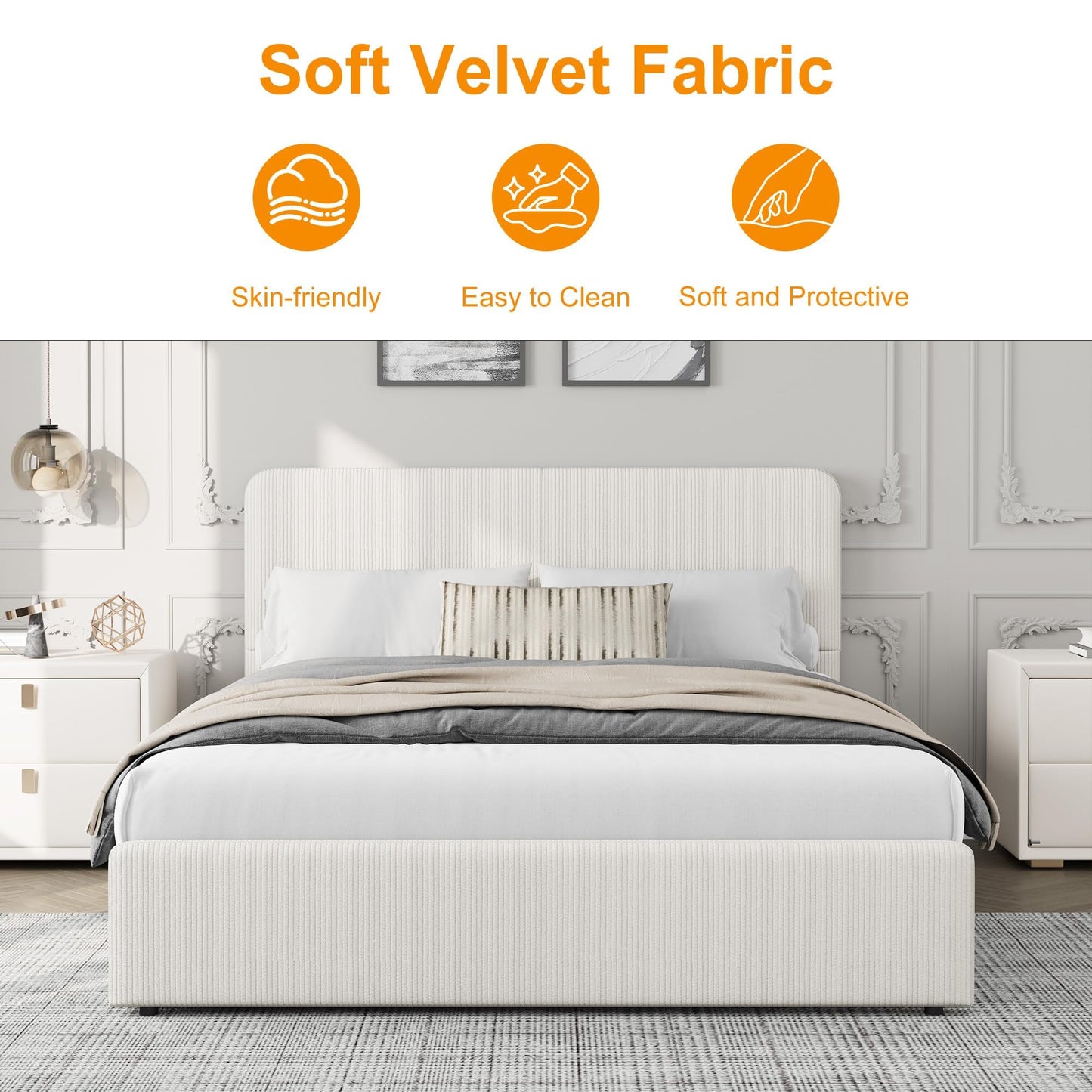 GarveeHome Modern Upholstered Platform Bed Frame with Headboard and Storage Drawers – Strong Wood Slats, Noise-Free, No Box Spring Needed, Easy Assembly – Full Size, Corduroy Neutral-White Tone