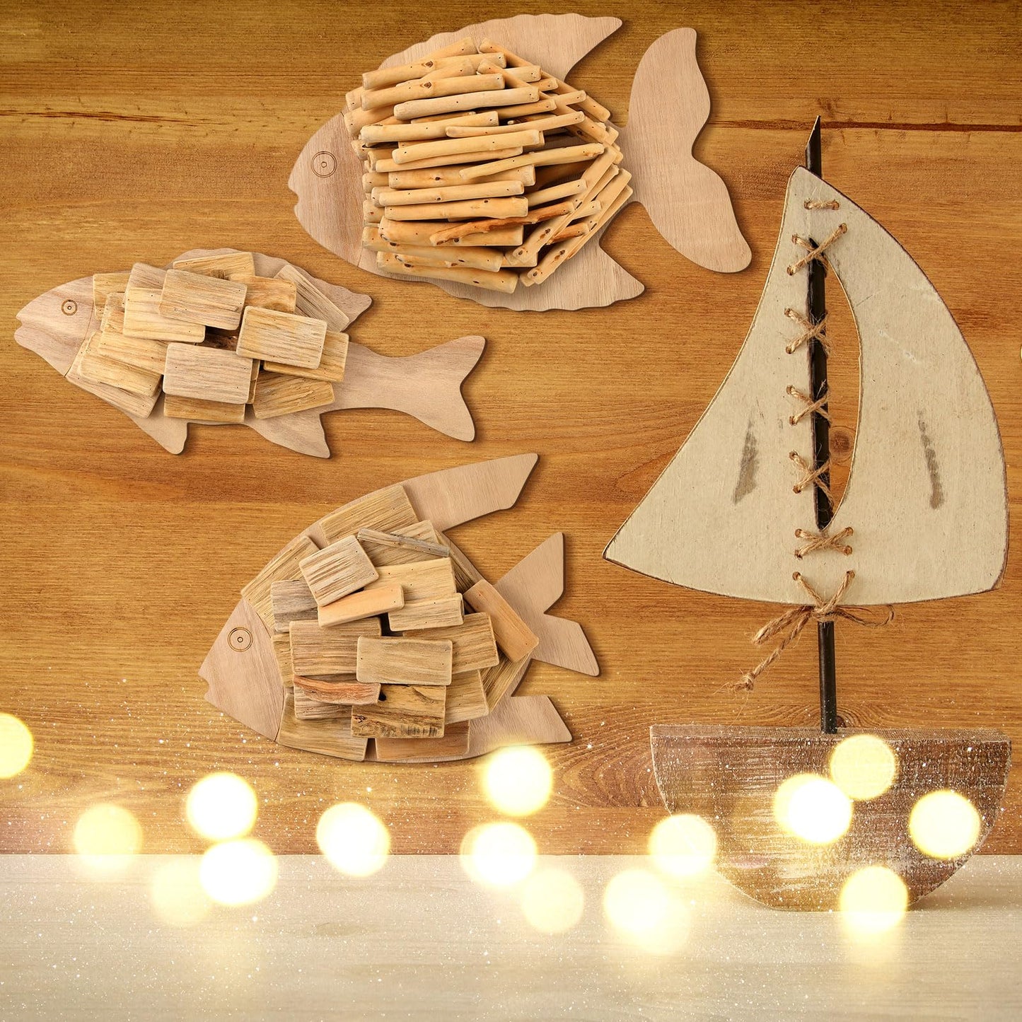 Wesiti 3 Pcs Beach Coastal Wall Decoration Driftwood Fish Nautical Wall Art Hand Crafted Coastal Beach Driftwood Handmade Wooden Decor for Home Living Room Bedroom Office Bathroom