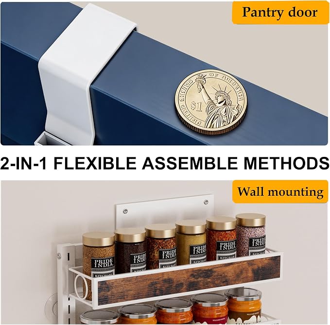 8 Tier Over The Door Pantry Orangizer 2 IN 1 Wall Mounted or Hanging Spice Rack with Adjustable Wood Basket,Heavy Duty Seasoning Storage Shelf for Kitchen Pantry and Bathroom