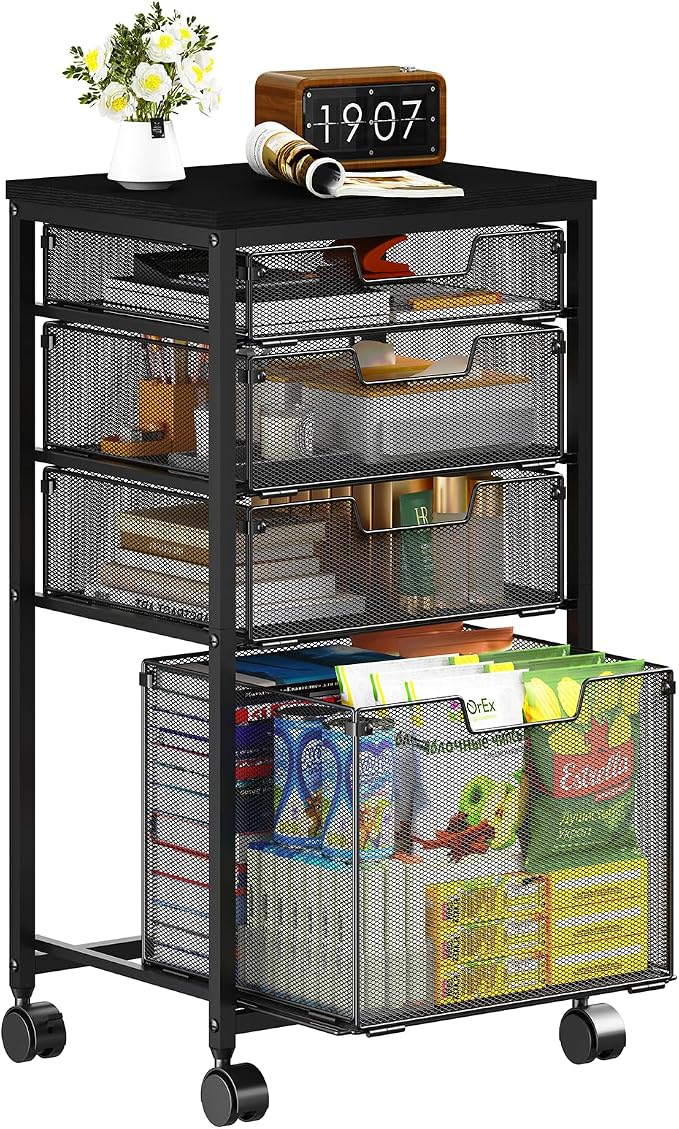 Sbanmao 4 Drawers Rolling Storage Cart, 1 Large Drawer (11.22"D x 12.2"W x 9.84"H) & 3 Small Drawers, Rolling Storage Cart with Lockable Wheels, Craft Storage Cart for Bedroom, Office, Black