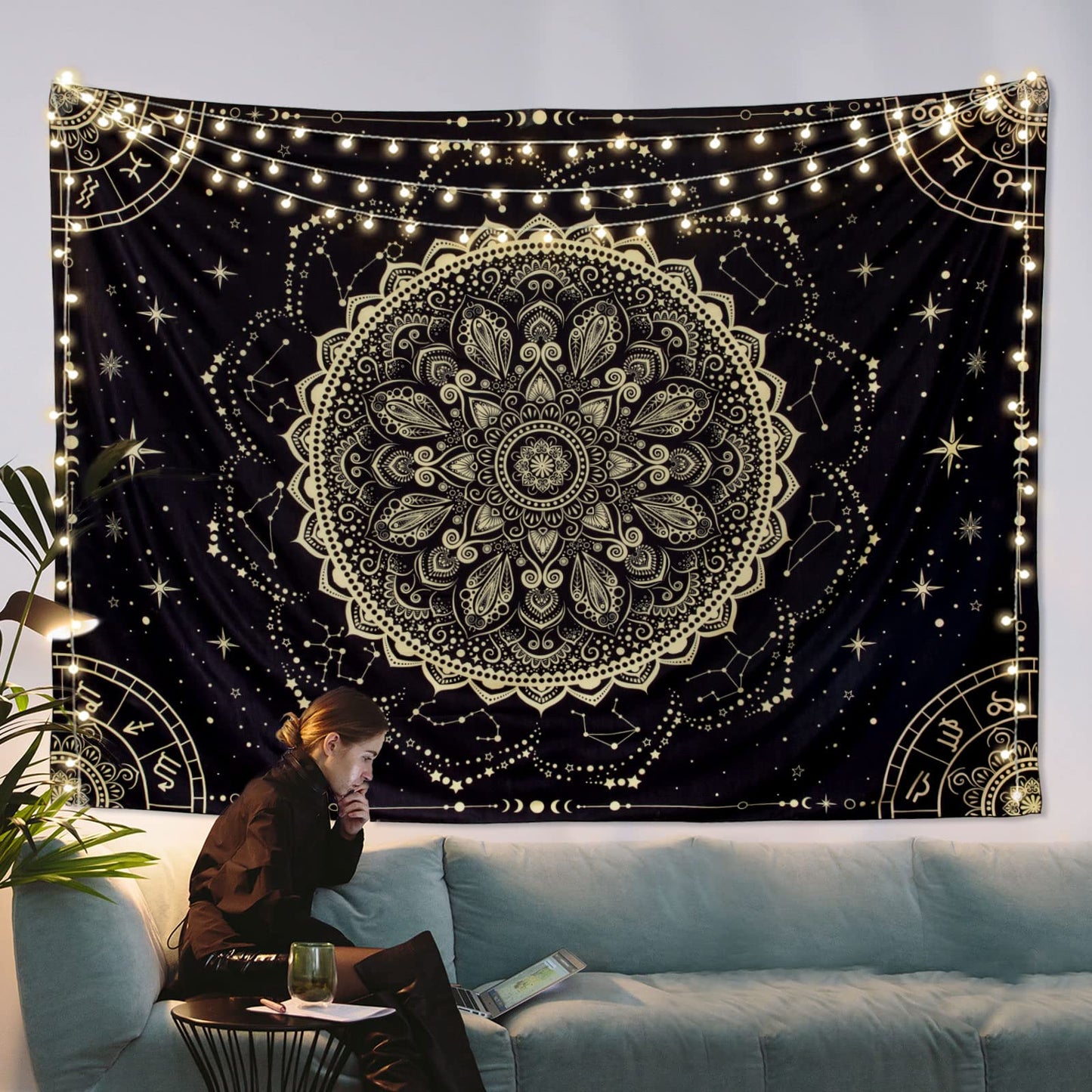 FLY SPRAY Black Golden Mandala Tapestry Astrology Space Wall Hanging Tapestries Wall tapestrys Large Aesthetic Hippie Decor Bohemian Art Boho Home Talestry for Bedroom,Living Room,Ceiling