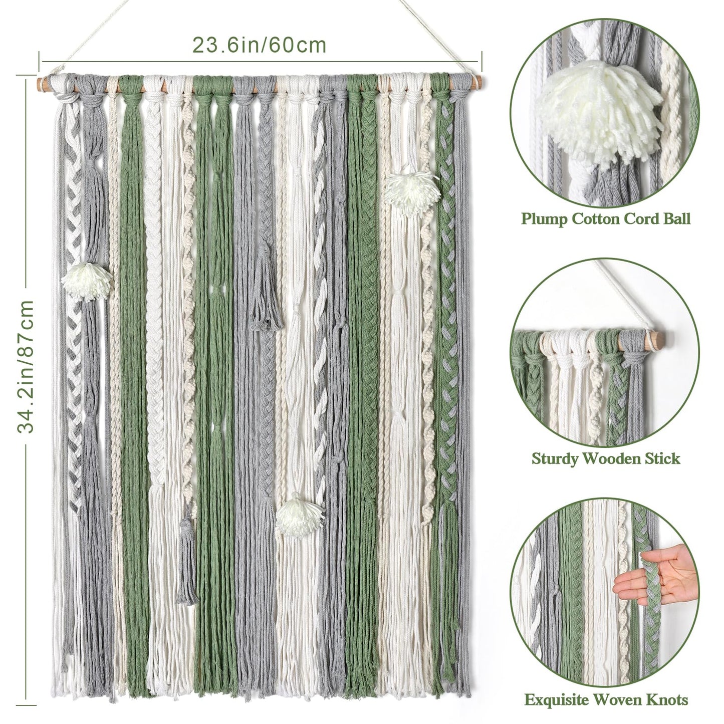 LOMOHOO Large Macrame Wall Hanging Boho Chic Home Decor, Green Gray Beige Yarn Tassel Woven Fringe Handmade Wall Art Decoration for Bedroom Living Room, Gift for Friend Girls Adults 23.6" Wx 34" L