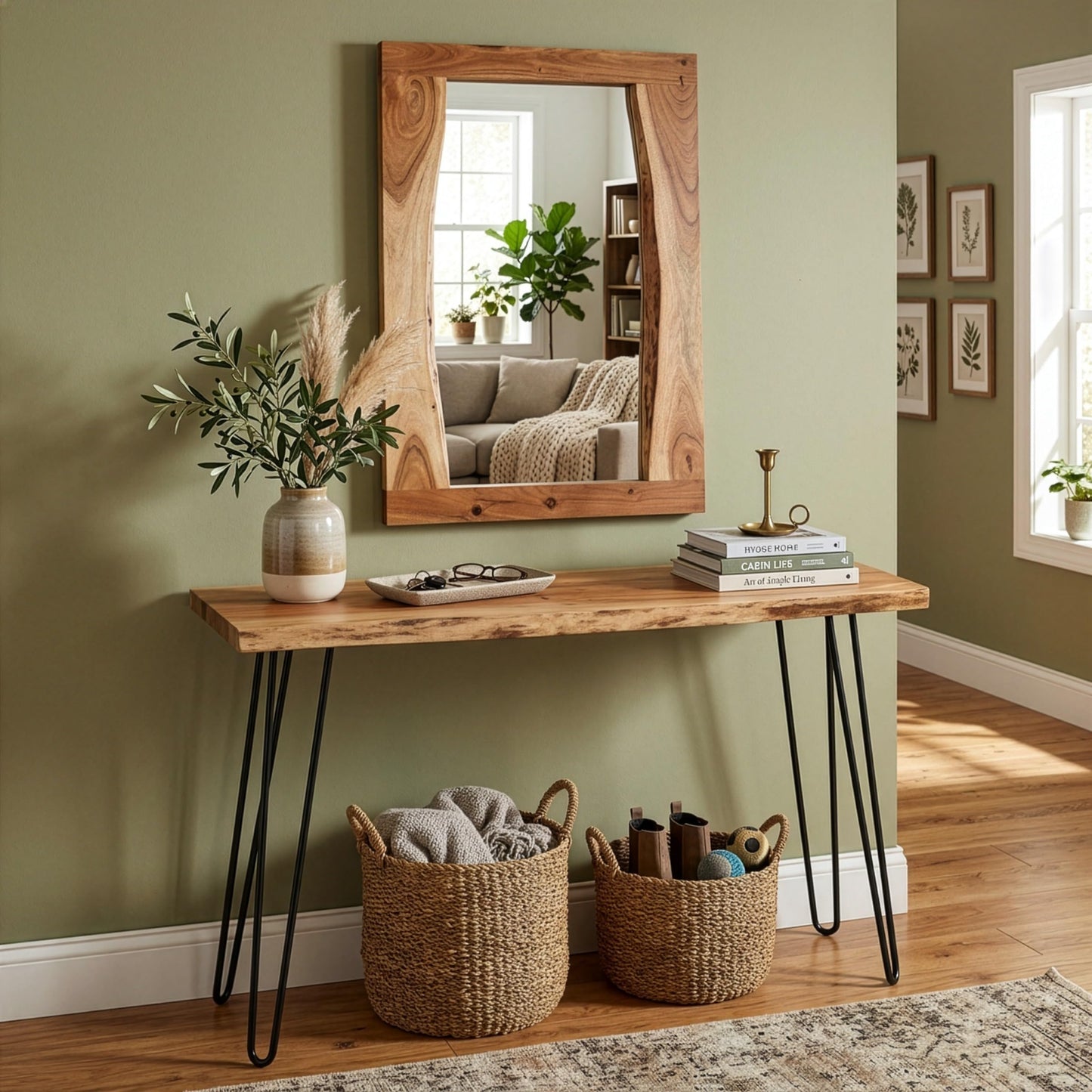 Alaterre Furniture Hairpin Natural Media Console & 36" Mirror Set Live Edge