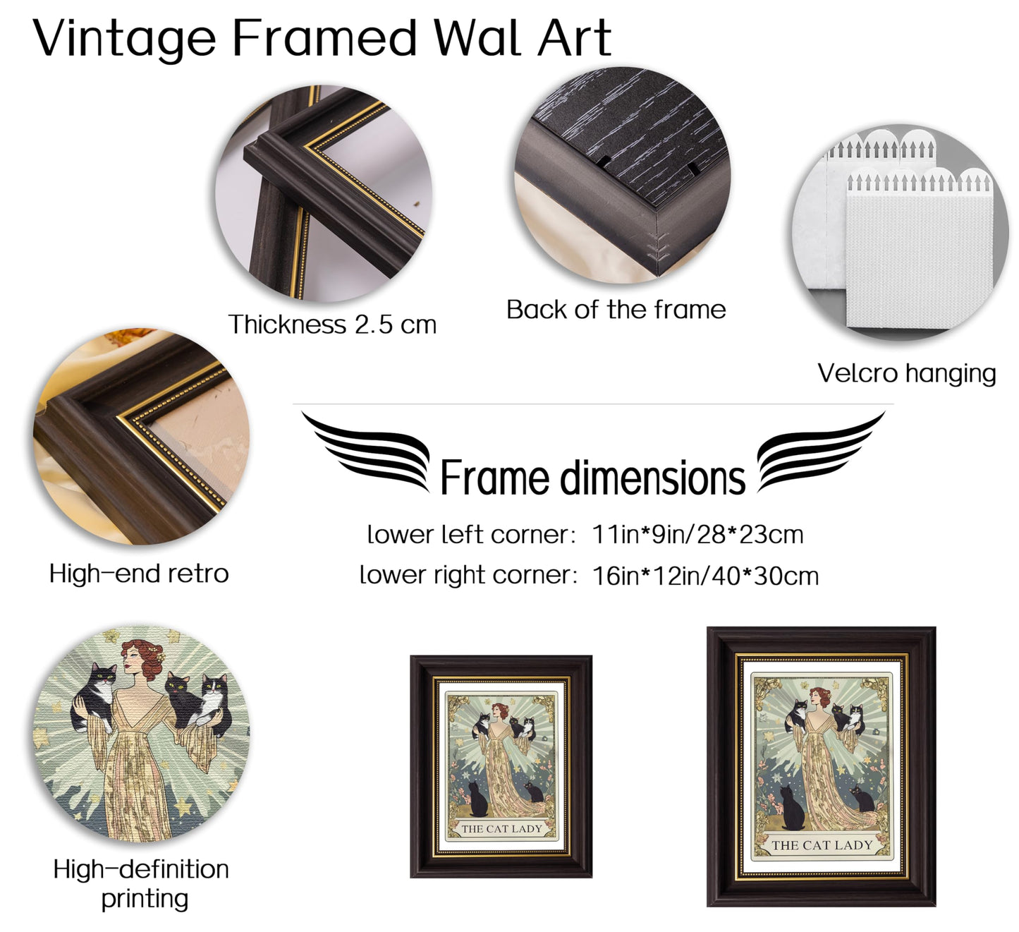 Framed Cat Lady Tarot Wall Art, Cute Animals, Stars & flower Painting Canvas Prints, Whimsical Vintage Black Cats Poster, Mysterious Elegance Artwork for Bedroom Living Room and Cat Lovers 9x11 in
