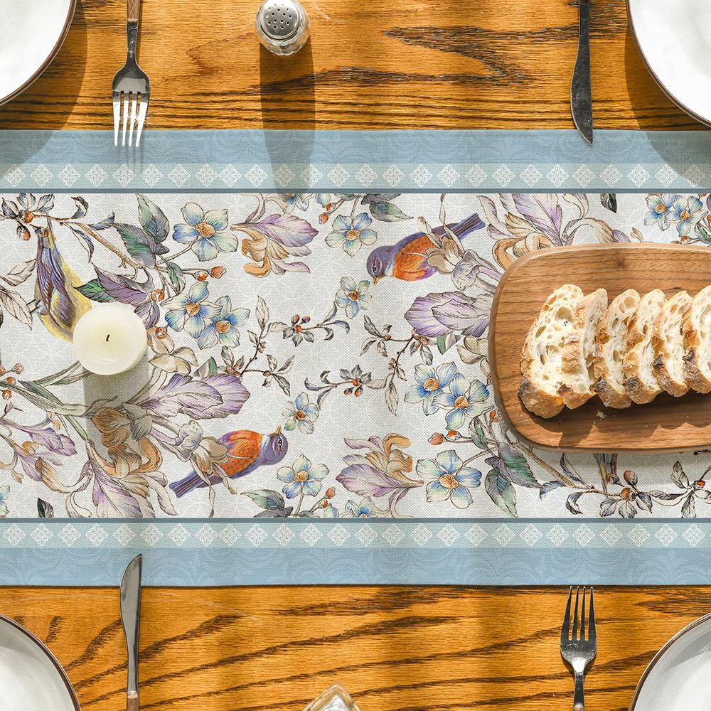Artoid Mode Blue Birds Flowers Blossom Table Runner, Seasonal Spring Floral Kitchen Dining Table Decoration for Home Party Decor 13x72 Inch
