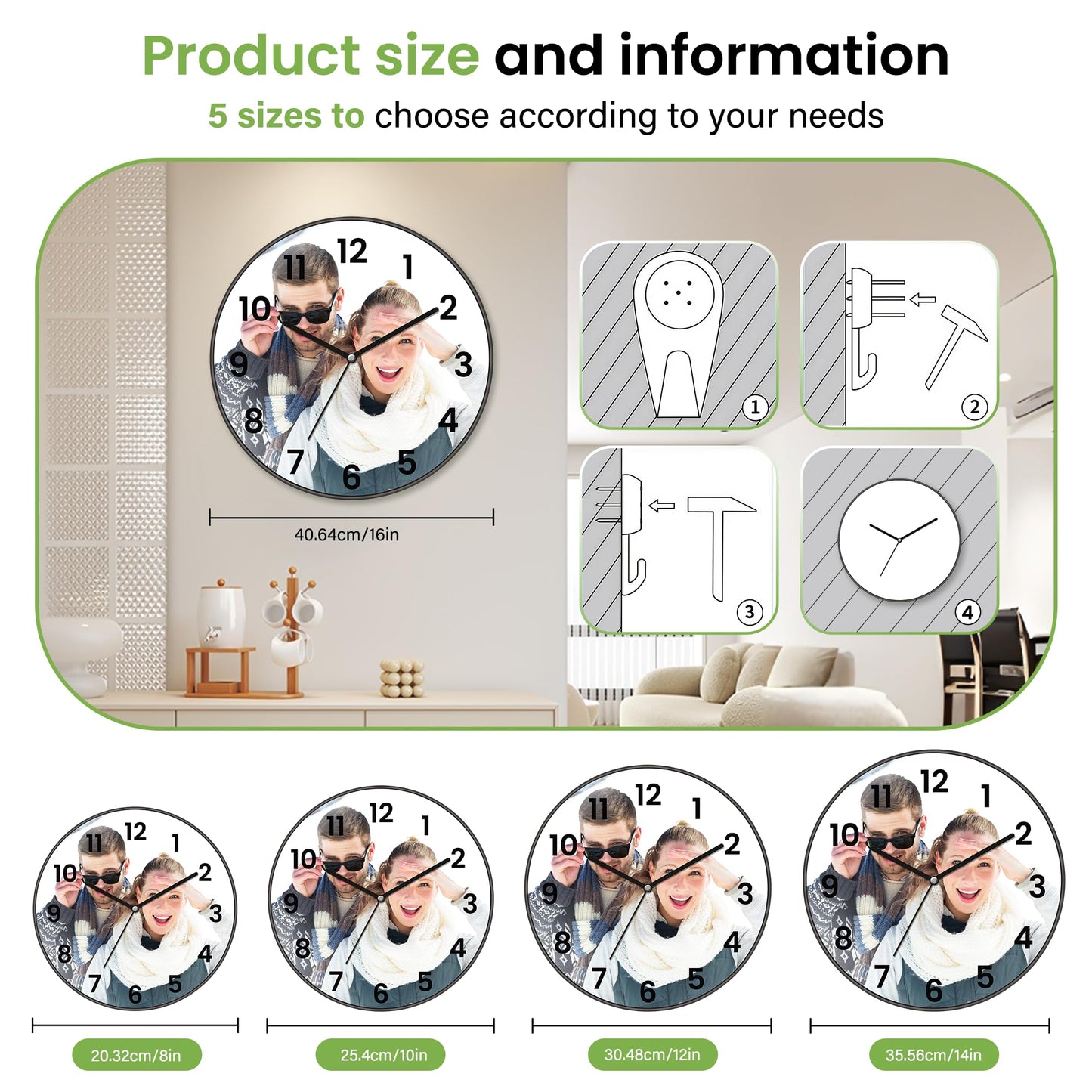 Gloryage Custom Wall Clock with Picture and Text - Personalised Round Hanging Clocks, Silent Non-Ticking Analog Classic Wall Decor for Home Office, Unique Photo Gifts for Birthday Anniversary (Black)