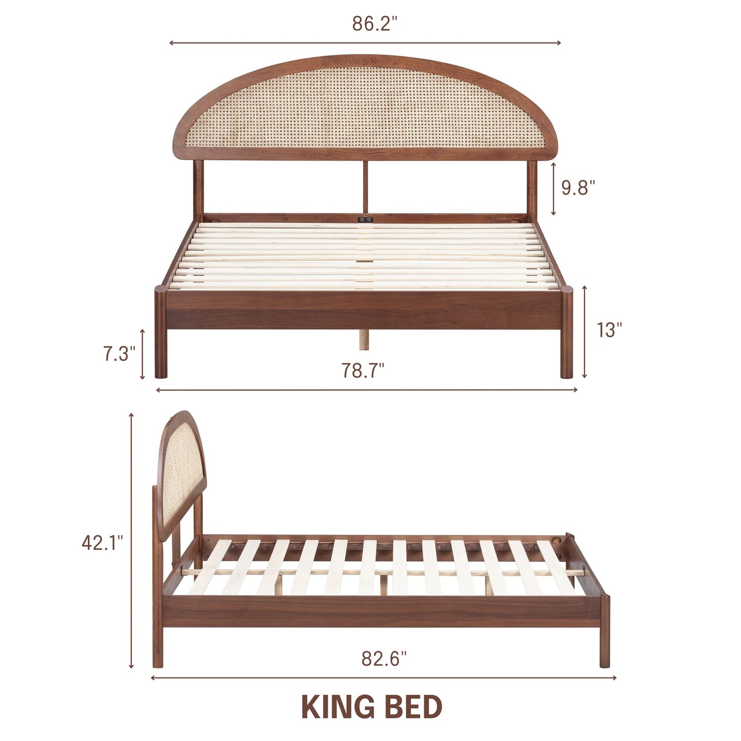 NTC Gem Wooden Bed Frame with Headboard and Natural Rattan, Solid Oak/Rubber Wood Foundation with Silent Slats, 1000 Lb Capacity, Effortless Assembly (Natural Cane - Dark Walnut, King)