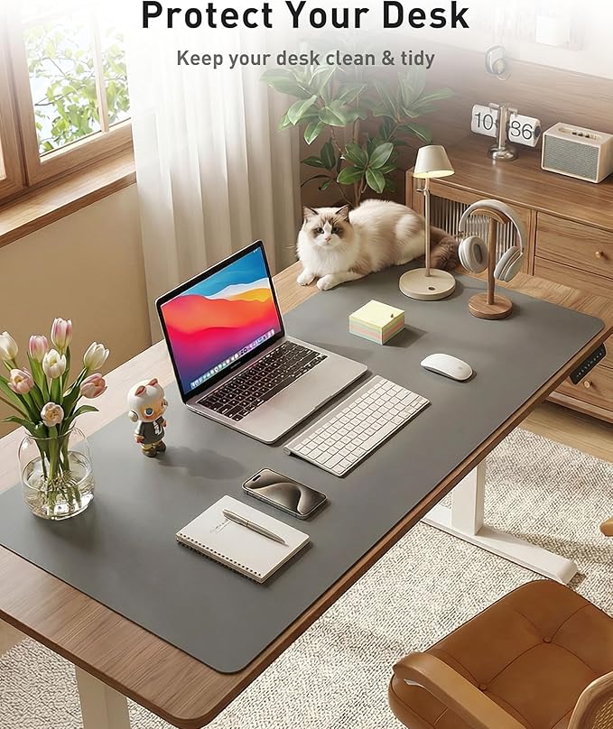 Aothia Faux Leather Desk Mat - Large Mouse Pad, Non-Slip PU Leather Blotter, Waterproof Writing Surface for Office and Home (Grey, 40" x 24")