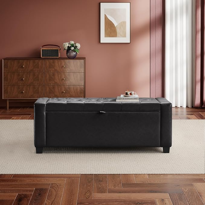 GRAINELL Storage Ottoman Bench, Upholstered Tufted Bedroom Bench with Storage, End of Bed Storage Bench for Living Room & Entryway, 350 lb Capacity, Leather Black