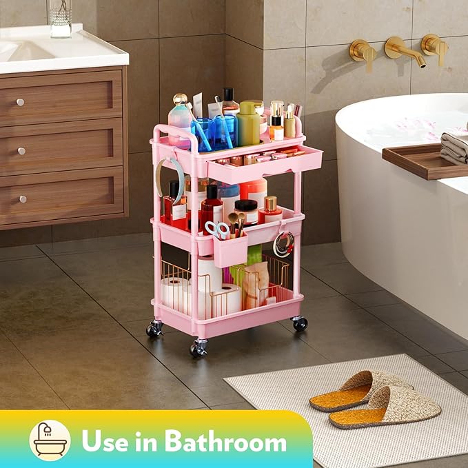 SUNALLY Makeup Cart Organizer with Drawers, Floor Skincare Organizers Vanity Storage Organizer, Rolling Makeup Bathroom Storage Cart Cosmetics Display Cases for Skin Care Perfume Nail Polish, Pink