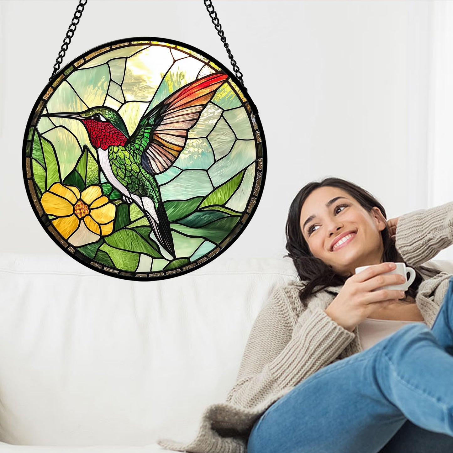 AMDERVEN Stained Glass Window Hanging, Green Hummingbird Sun Catcher for Door Home Decor, Birds Suncatcher Christmas Mother's Day Birthday Gifts for Bird Lovers Women Men Mom and Nana 6.3 in